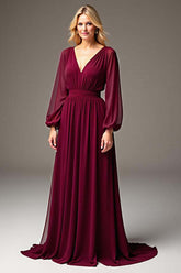 Burgundy Wedding Guest Dress Chiffon V-Neck Ruched Long Formal Dress